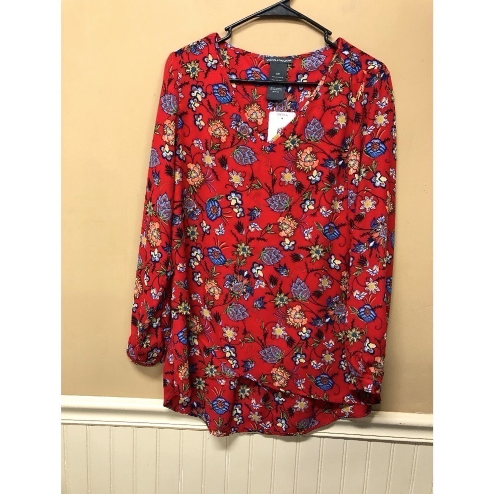 Chelsea & Theodore Tunic V-Neck Long Sleeve Floral Red Women Size S NWT